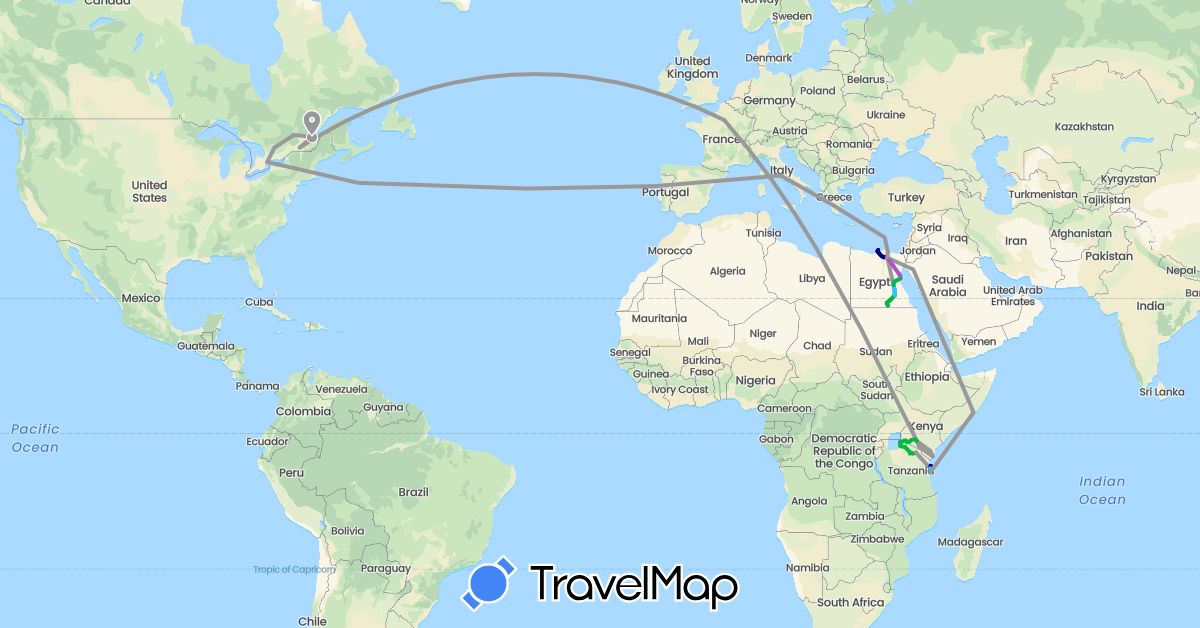 TravelMap itinerary: driving, bus, plane, train, boat in Canada, Egypt, France, Italy, Kenya, Tanzania (Africa, Europe, North America)